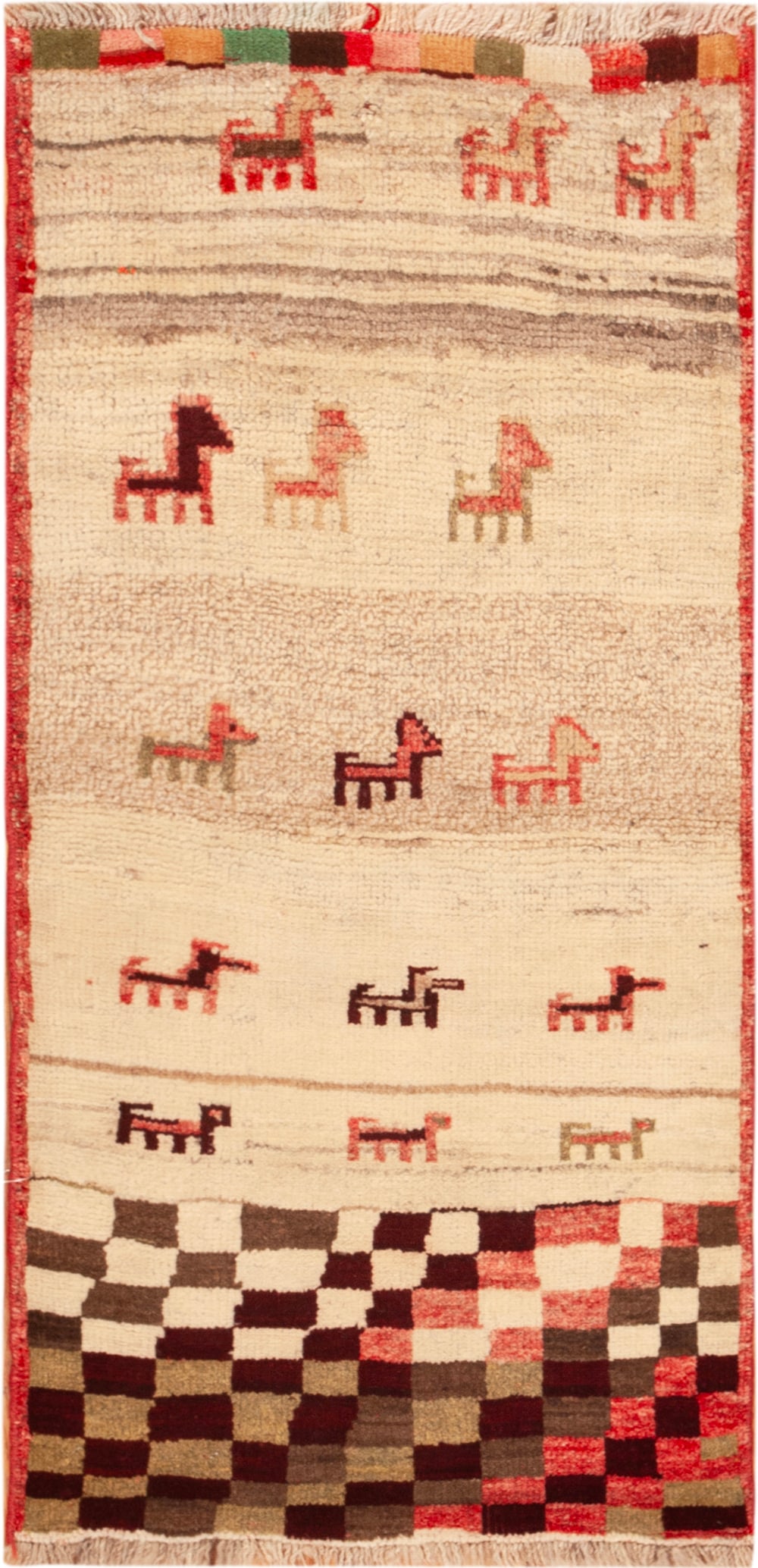 No Reserve - Vintage Gabbeh Rug, Southwest Persia - 4 ft 2 in x 2 ft (1.27 m x 0.61 m): Curated collection of antique, vintage and modern rugs No Reserve - Vintage Gabbeh Rug, Southwest Persia Size: 4 ft 2 in x 2 ft (1.27 m x 0.61 m) Provenance: From a German collector An intimate