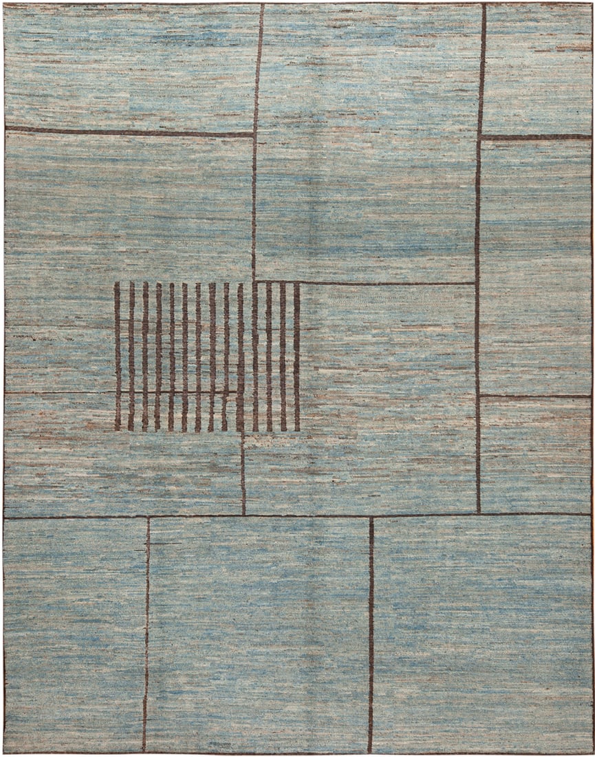 Modern Light Blue Abstract Rug - 11 ft 10 in x 9 ft 2 in (3.61 m x 2.79 m): Curated collection of antique, vintage and modern rugs Modern Light Blue Abstract Rug Size: 11 ft 10 in x 9 ft 2 in (3.61 m x 2.79 m) A sophisticated modern rug composed around a softly striated light