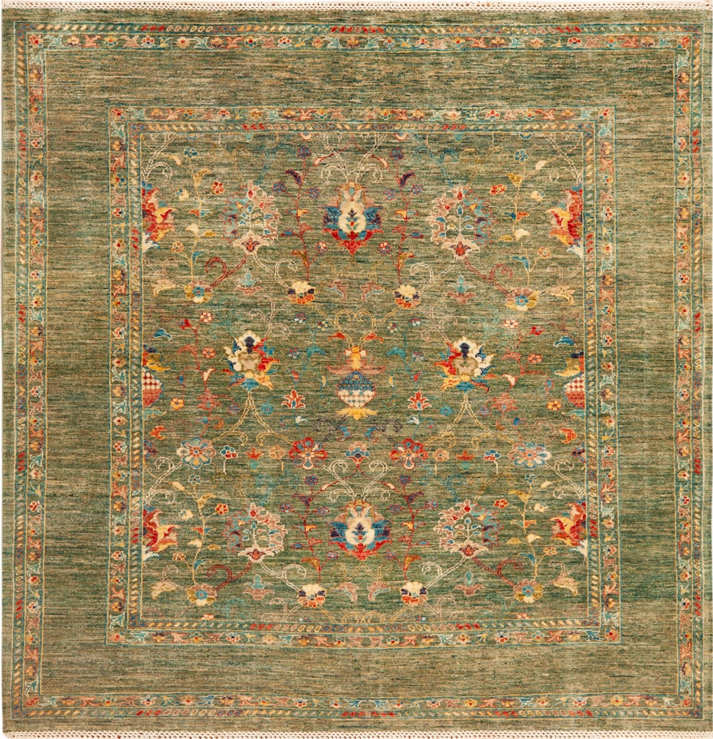 Contemporary Transitional Rug - 5 ft 10 in x 5 ft 8 in (1.78 m x 1.73 m): Curated collection of antique, vintage and modern rugs Contemporary Transitional Rug Size: 5 ft 10 in x 5 ft 8 in (1.78 m x 1.73 m) A distinctive modern rug conceived around a rich green palette, brin