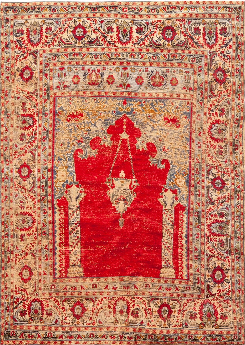 Rare Silk Ottoman Turkish Ghiordes Prayer Rug - Mid-18th Century - 5 ft 8 in x 4 ft (1.73 m x 1.22: Curated collection of antique, vintage and modern rugs Rare Silk Ottoman Turkish Ghiordes Prayer Rug - Mid-18th Century Size: 5 ft 8 in x 4 ft (1.73 m x 1.22 m) Provenance: From a Los Angeles collecto