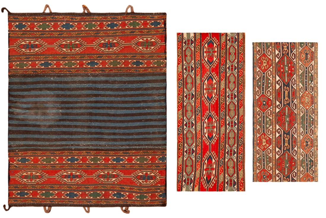 No Reserve -Collection of Three Antique Persian Shahsavan Bag Faces - Circa 1900 - 4 ft 4 in x 3 ft: Curated collection of antique, vintage and modern rugs No Reserve -Collection of Three Antique Persian Shahsavan Bag Faces - Circa 1900 Size: 4 ft 4 in x 3 ft 9 in (1.32 m x 1.14 m)+3 ft 1 in x 1 ft 6
