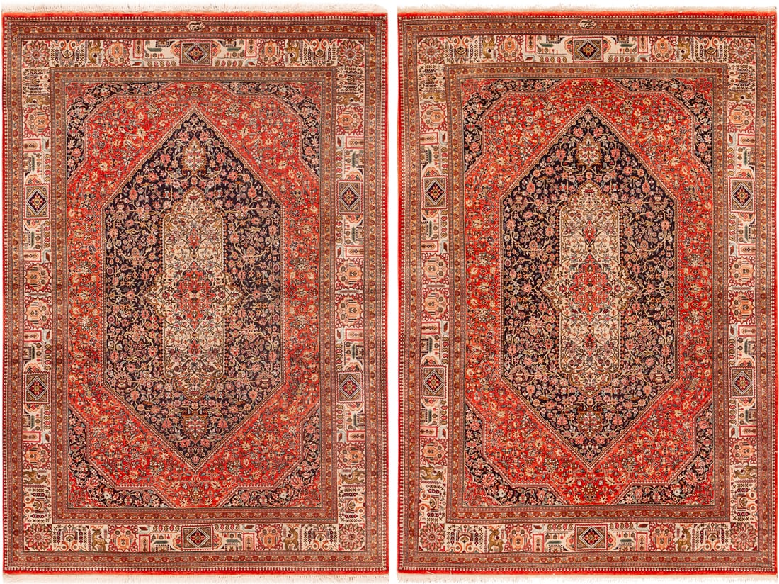 No Reserve - Signed Jamshidi Pair of Vintage Persian Silk Qum Rugs - Circa 1950 - 4 ft 11 in x 3 ft: Curated collection of antique, vintage and modern rugs No Reserve - Signed Jamshidi Pair of Vintage Persian Silk Qum Rugs - Circa 1950 Size: 4 ft 11 in x 3 ft 4 in (1.49 m x 1.01 m)+4 ft 11 in x 4 ft 