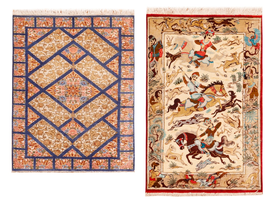No Reserve - Pair of Small Vintage Persian Silk Qum Rugs - Circa 1970 - 2 ft 11 in x 1 ft 11 in: Curated collection of antique, vintage and modern rugs No Reserve - Pair of Small Vintage Persian Silk Qum Rugs - Circa 1970 Size: 2 ft 11 in x 1 ft 11 in (0.88 m x 0.58 m) Provenance: Property of a N