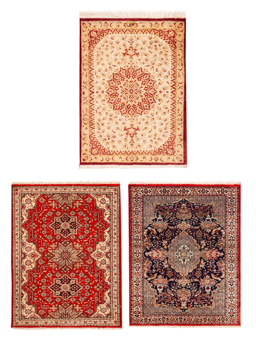 No Reserve - Collection of Three Vintage Persian Silk Qum Rugs - - 2 ft 5 in x 1 ft 11 in (0.73 m x: Curated collection of antique, vintage and modern rugs No Reserve - Collection of Three Vintage Persian Silk Qum Rugs - Size: 2 ft 5 in x 1 ft 11 in (0.73 m x 0.58 m) Provenance: Property of a Nashvil