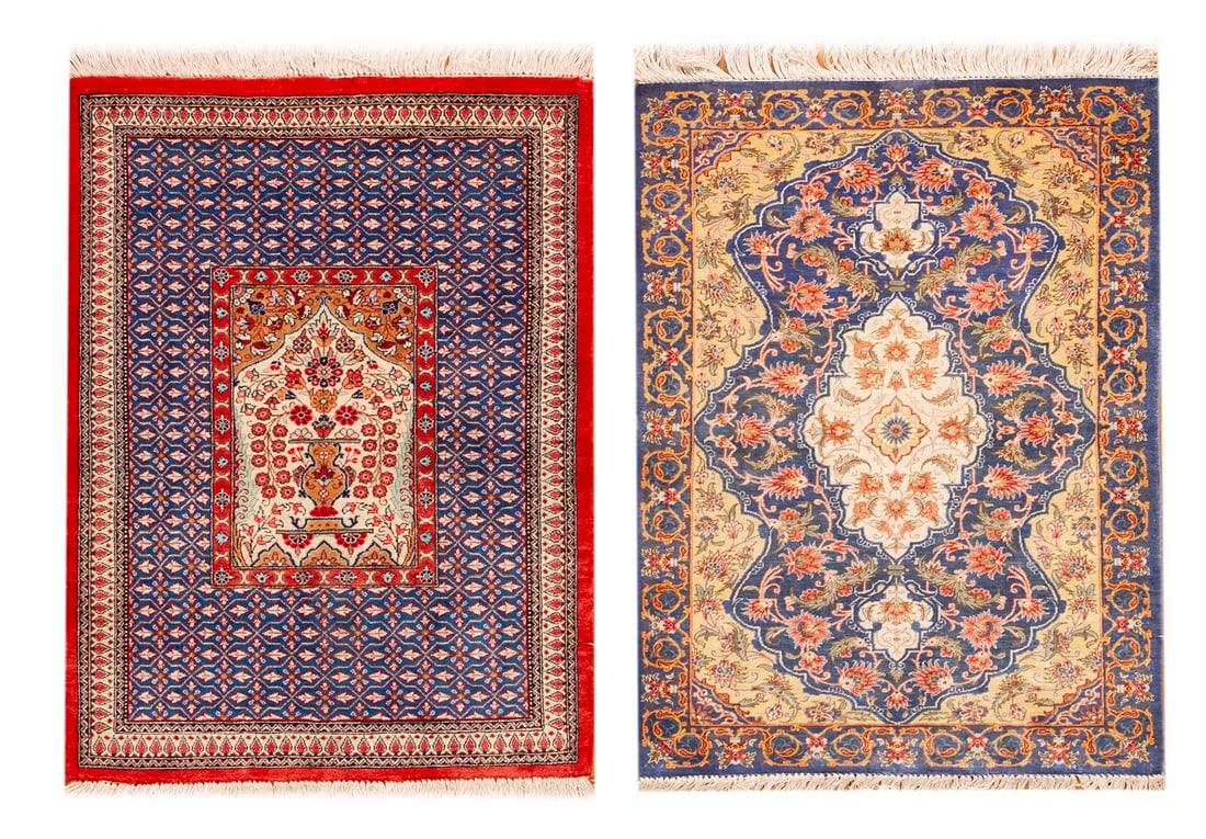 No Reserve - Pair of Vintage Persian Silk Qum Rugs - - 2 ft 6 in x 1 ft 11 in (0.76 m x 0.58 m): Curated collection of antique, vintage and modern rugs No Reserve - Pair of Vintage Persian Silk Qum Rugs - Size: 2 ft 6 in x 1 ft 11 in (0.76 m x 0.58 m) Provenance: Property of a Nashville collector