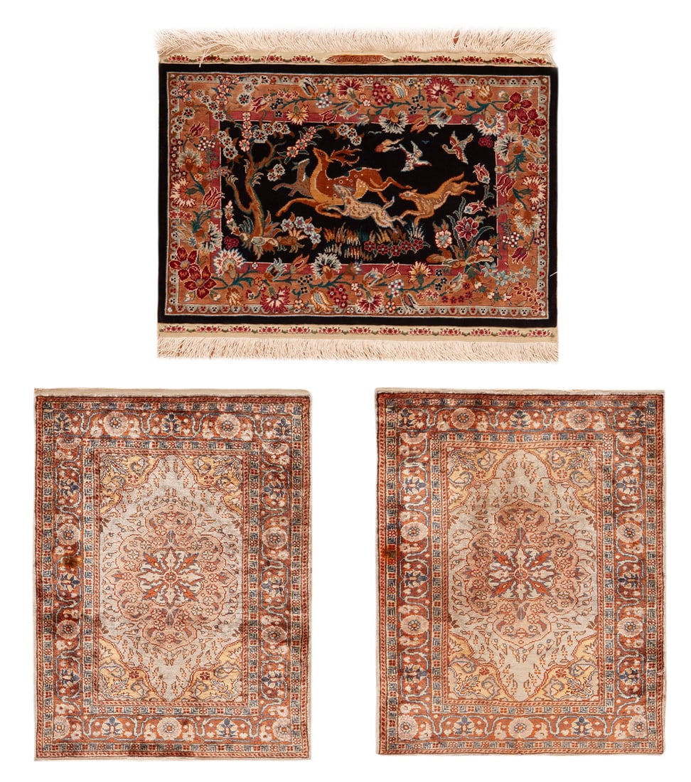 No Reserve - Collection of Three Vintage Turkish Silk Hereke Rugs - 1 ft 4 in x 1 ft 10 in (0.4 m x: Curated collection of antique, vintage and modern rugs No Reserve - Collection of Three Vintage Turkish Silk Hereke Rugs Size: 1 ft 4 in x 1 ft 10 in (0.4 m x 0.55 m) Provenance: Property of a Nashvil