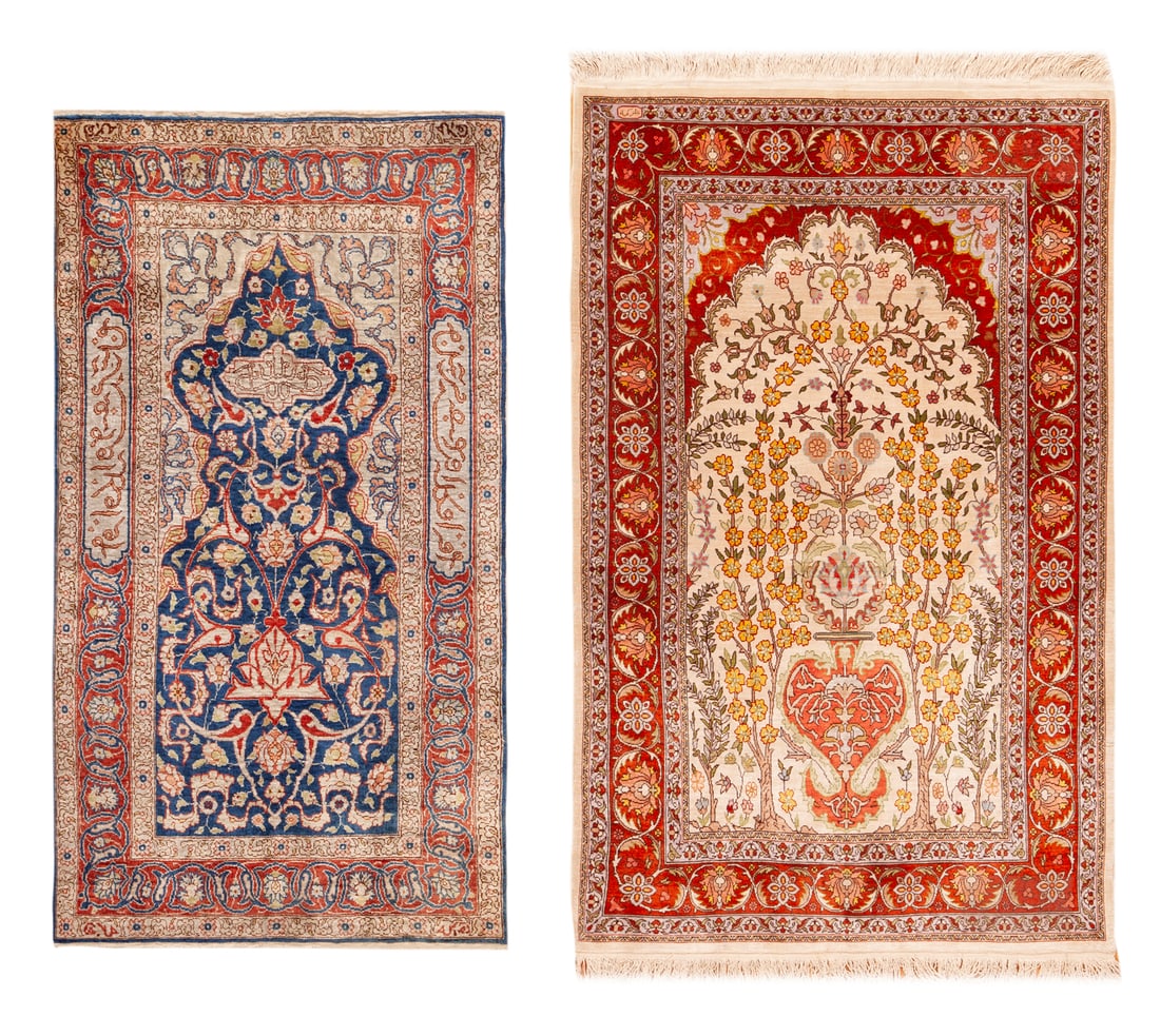No Reserve - Pair of Vintage Turkish Silk Hereke Prayer Rugs - Mid-20th Century - 3 ft 8 in x 2 ft (1 of 1)
