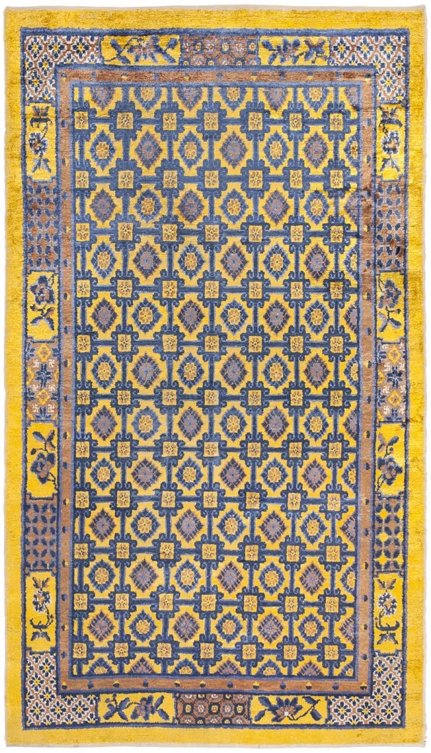 Antique Silk Khotan Design Gold Chinese Rug Carpet: Size: 4 ft 2 in x 7 ft (1.27 m x 2.13 m) - Late 19th Century - This exquisite antique Chinese silk rug showcases a stunning pattern of tiled floral motifs rendered in a vivid selection of cobalt blue,