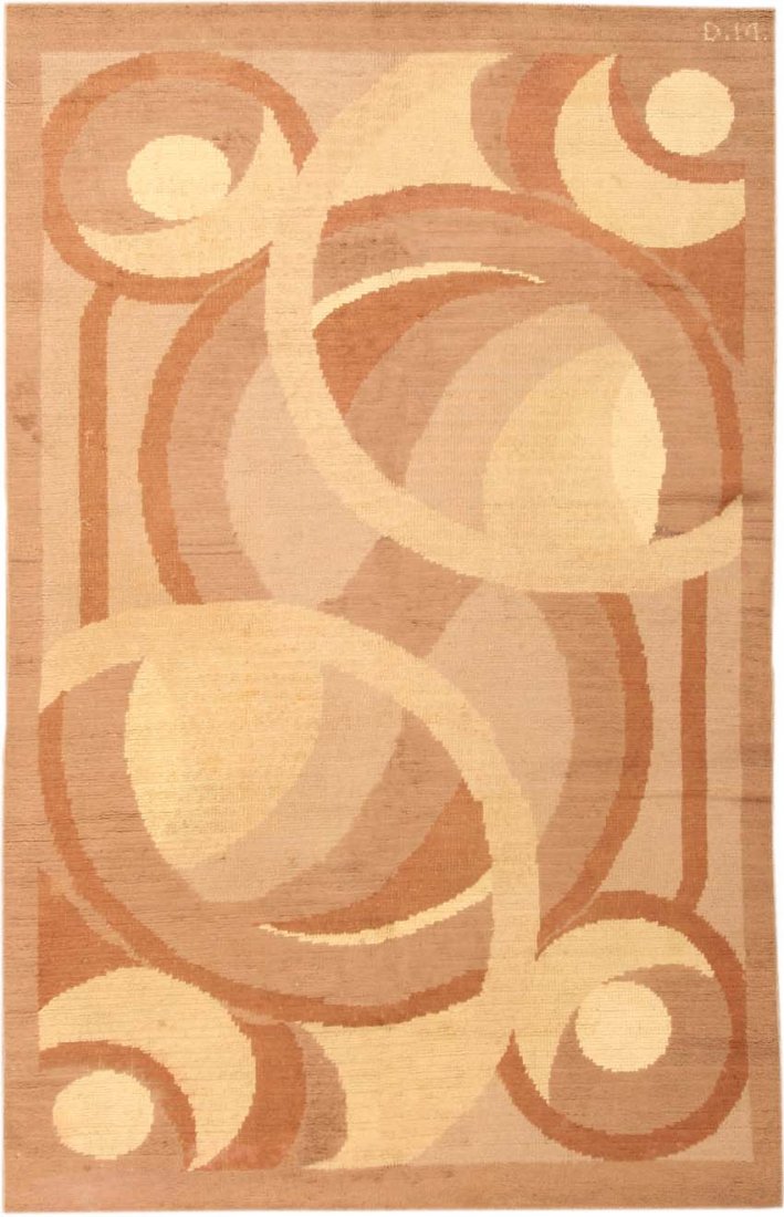 Art Deco French Rug Carpet Decoration Interieure Artist: Size: 4 ft 9 in x 7 ft 9 in (1.45 m x 2.36 m - Early 20th Century - A classic modernist pattern of intersecting circles and crescents in shades of mauve, taupe, sand, and cocoa unfolds dynamically acr