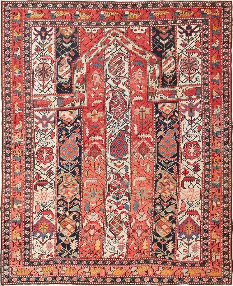 Antique Caucasian Marasali Prayer Rug: Size: 3 ft 4 in x 4 ft (1.02 m x 1.22 m) - Antique Shirvan Caucasian Prayer Rug, Caucuses, c. late 19th century - Within the world of antique Oriental rugs, the carpets of Shirvan origin have a unique