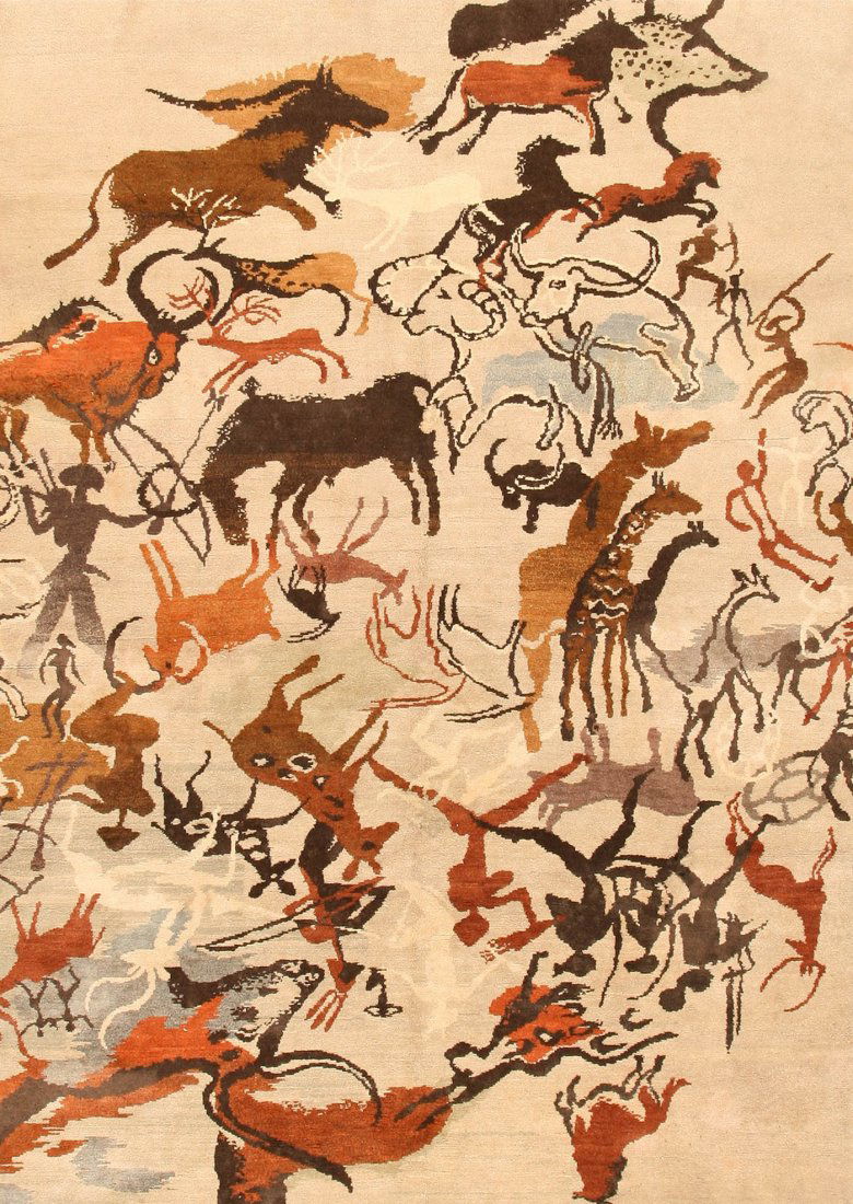 Vintage Art Deco Carpet By Olga Fisch: Size: 6 ft 1 in x 8 ft 8 in (1.85 m x 2.64 m) - Art deco rug By Olga Fisch, Ecuador, Early 20th Century - This Art Deco vintage rug is adapted from the famous Ice Age cave paintings discovered at Lasc
