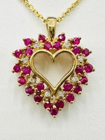 14KT Yellow Gold  Natural Diamond and Ruby Heart Pendant and Chain