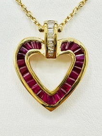 14KT Yellow Gold  Natural Diamond and Ruby Heart Pendant and Chain