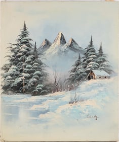 Vintage Scenic Oil On Canvas "Mountain In Snow"