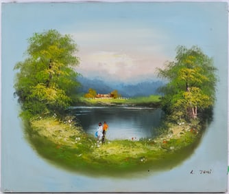 Vintage Scenic Oil On Canvas "Couple At lake"