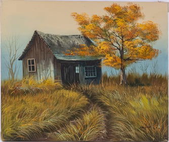 Vintage Scenic Oil On Canvas "Cabin With Tree"