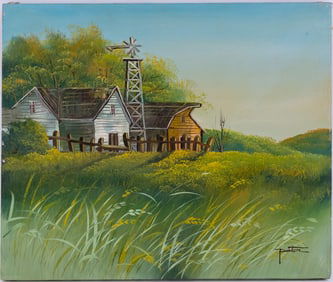 Vintage Scenic Oil On Canvas "Houses With Meadow"