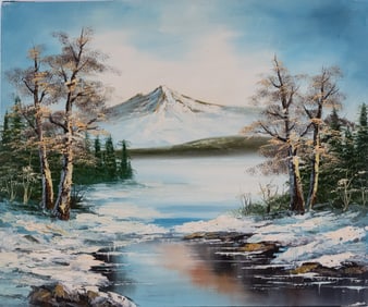 Vintage Scenic Oil On Canvas "Winter Mountain"