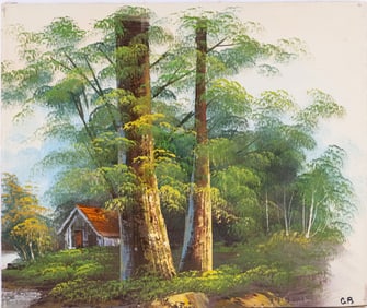 Vintage Scenic Oil On Canvas "House Next To Tree"