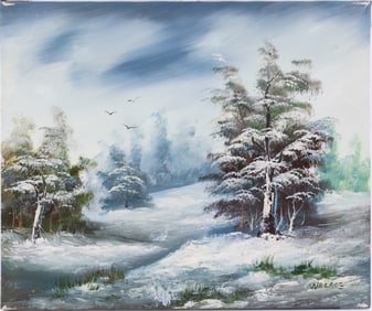 Vintage Scenic Oil On Canvas "Winter Stream"