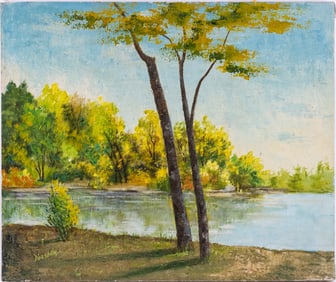Vintage Scenic Oil On Canvas "Tree Near Lake"