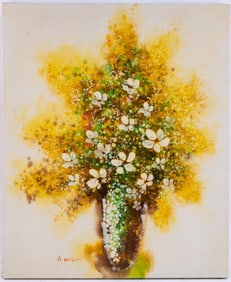 Vintage Still Life Oil On Canvas "Flowers In Vase"