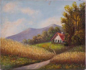 Vintage Scenic Oil On Canvas "Farm House"