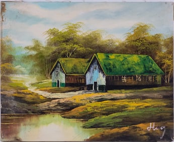 Vintage Scenic Oil On Canvas "Hourses Near Pond"
