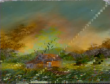 Vintage Scenic Oil On Canvas "Country Cabin"