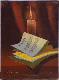 Vintage Still Life Oil On Canvas "Music Sheet And Candle"
