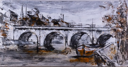 Vintage Modernist Oil On Canvas "Bridge Scene"