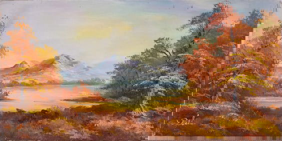 Vintage Scenic Oil On Canvas "Autumn Mountain Scene"