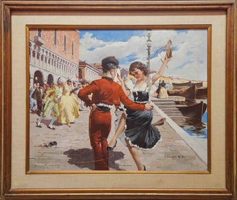 VIntage Vizkelety Oil On Canvas "Dancing By The Harbor"