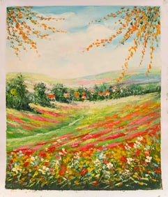 Impressionist Acrylic On Canvas "Landscape With Flowers"