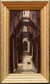 Vintage Impressionist Oil On Masonite "Cat In The Alley"