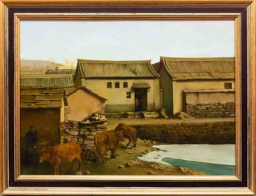 Vintage Realist Oil On Board "Cattle In Village"
