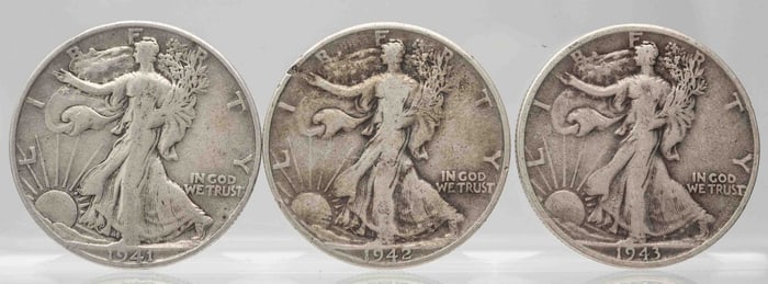 1941, 1942, 1943 American Walking Liberty Silver Half Dollars