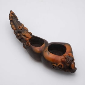 A Fine Antique Chinese Intricate Carved Horn Shaped Mythical Beast Ink Well