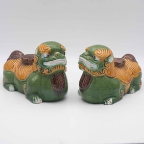 A Pair of Old Chinese Porcelain Foo Dog Statues