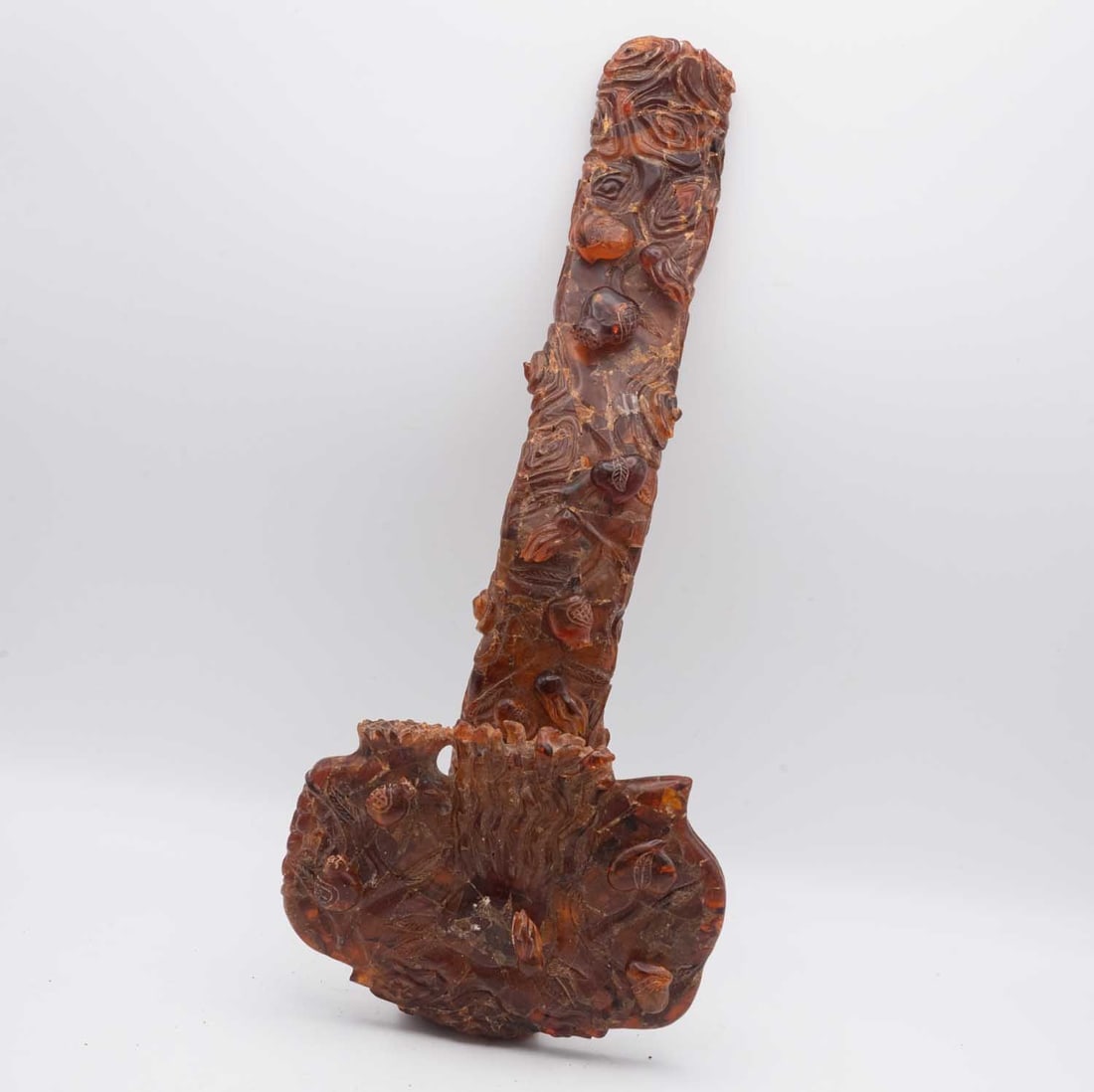 Antique Chinese Carved Amber Ruyi Scepter Sculpture: Medium: AmberSize: 12x5.3x4 inchesAge/Detail: Antique Chinese CarvedCondition: great overall, check photo for condition reference.Provenance:Collection from Estate in TribeccaLiveShipping is NOT a par
