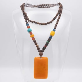 Old Chinese Tibetan Amber Pendant With Wenge Wood Necklace
