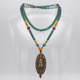 Old Chinese Tibetan Gilt Bronze, Precious Stone Buddha Pendant With Glass Beads