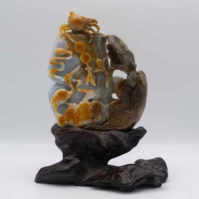 Old Chinese Carved Natural Jadeite Crane And Crab Landscape Sculpture