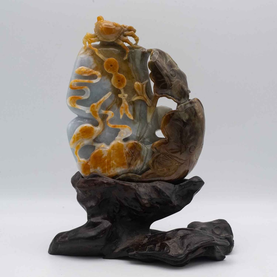 Old Chinese Carved Natural Jadeite Crane And Crab Landscape Sculpture: Medium: Natural JadeiteSize: 7.5x6x3.5 inchesAge/Detail: Old Chinese CarvedCondition: damage on crab, great overall, check photo for condition reference.Provenance:Collection from Estate in TribeccaLi