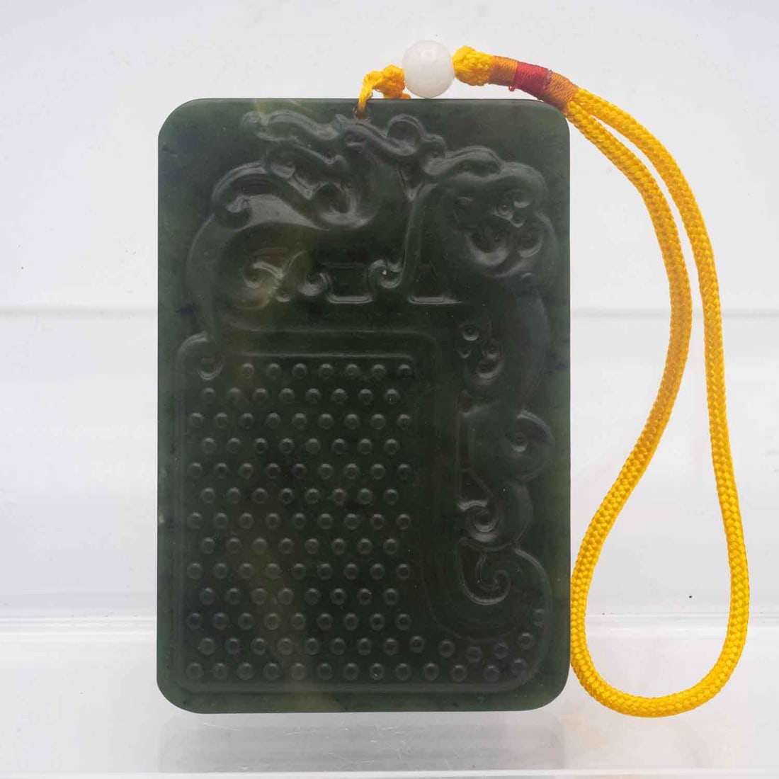 Chinese Carved Translucent Green Jade Pixiu Amulet: Medium: Translucent Green JadeSize: 4.3x3x0.3 inchesAge/Detail: Chinese CarvedCondition: great overall, check photo for condition reference.Provenance:Collection from Estate in TribeccaLiveShipping is