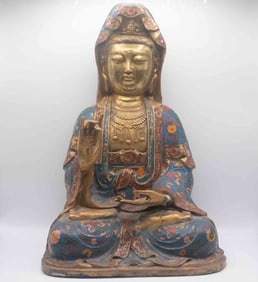 Antique Chinese Cloisonne Gilt Bronze Guanyin Bodhisattva Sculpture