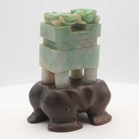 Antique Chinese Carved Green Jadeite Ruyi Ding Caldron Sculpture With Stand