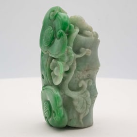 Antique Chinese Carved Green Jadeite Ruyi And Bamboo Sculpture