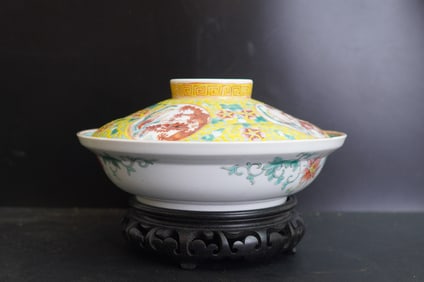 A Beautiful Chinese Yellow-ground Famille Lidded Bowl On Wooden Stand, Guangxu Period
