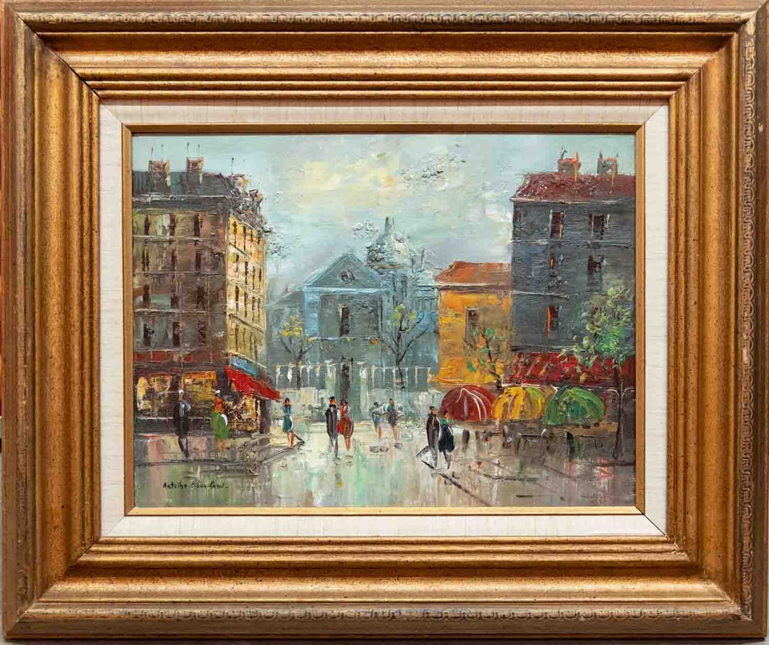 Antoine Blanchard Impressionist Oil On Canvas "Paris Scene": Title: Paris SceneMedium: Oil On CanvasSize: 16 x 12 inchesFrame: 24 x 20 inchesAge: Antoine BlanchardCondition: Great, hand painted, please check photo for condition referenceProvenance:Combined ship